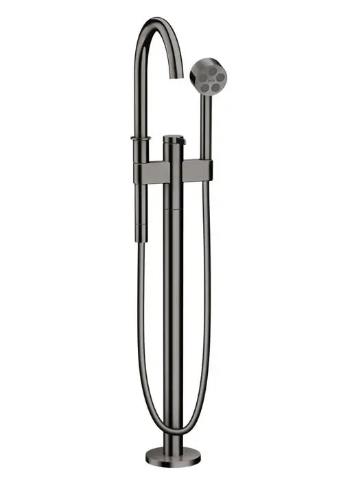 Stehender Wannenmischer in Polished Black Chrome von AXOR mit einem hohen, geschwungenen Auslauf und Handbrauseanschluss.